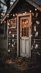 Obraz premium Rustic Wooden Cabin Exterior Evening Fairy Lights Cozy Nature Retreat Tranquil Nightscape Small Warm Details Country Charm Scenic Ambiance Weathered Home Natural Quiet Garden Decor