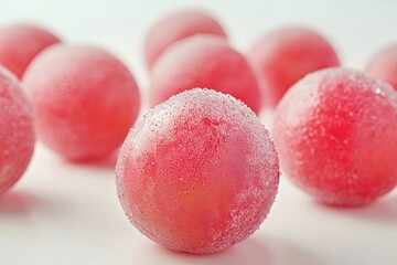 Close-up of pink spherical treats with a glistening surface and dew-like droplets.