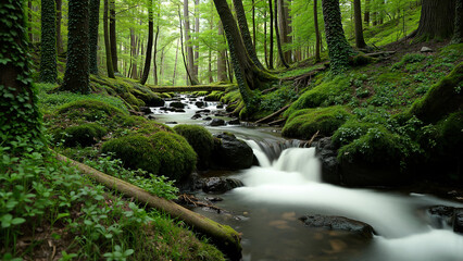 Obraz premium Winding stream flow by lush moss and tall trees in forest. Ideal for nature, relaxation, and travel inspiration searches.
