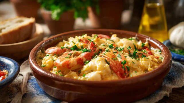 Delicious cod with shrimp and scrambled eggs in a brown earthenware dish garnished with herbs, offering a savory culinary experience.