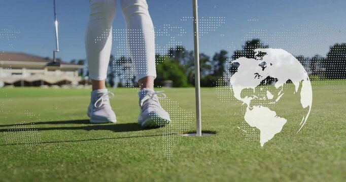 Golf player gripping flagstick on green, overlaying animated world map for business analytics - Powered by Adobe