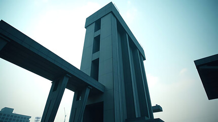 A monumental brutalist government building from the late 1970s, designed with massive cantilevered concrete volumes and sculptural voids, rising against a clear sky. created by generative ai