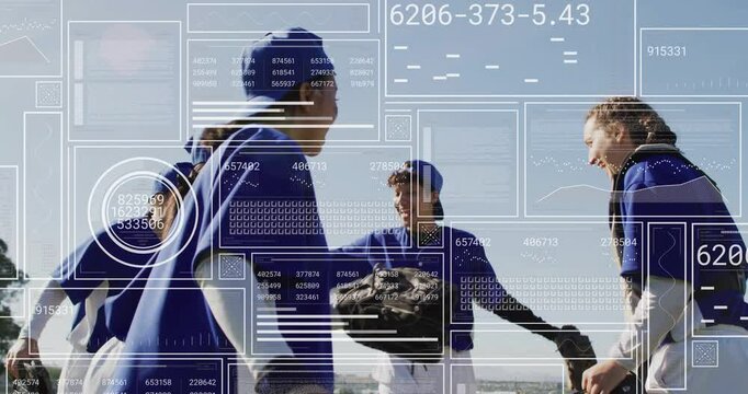 Team celebrating and exchanging high-fives on baseball field, showing technology HUD overlay