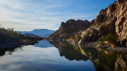 Fototapeta premium Tranquil Lake Reflecting Rocky Mountain Terrain Under Blue Sky and Sunlight