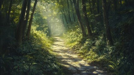 Fototapeta premium Sunlit Path Through Lush Green Forest