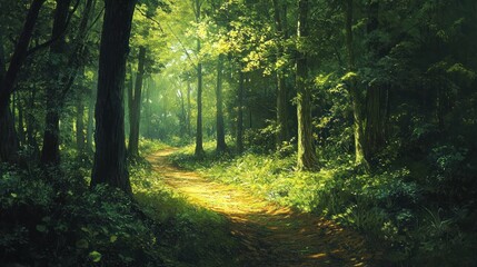 Obraz premium Sunlit Path Through a Dense, Lush Forest