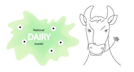 close up head cow. National dairy month.  Continuous line Vector doodle illustration for banner, poster.  line art hand drawn illustration.