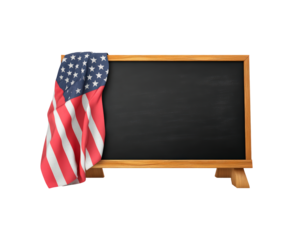 Chalkboard with American flag draped over it isolated on transparent background