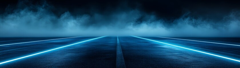 Dark, misty pathway illuminated by neon blue lines.