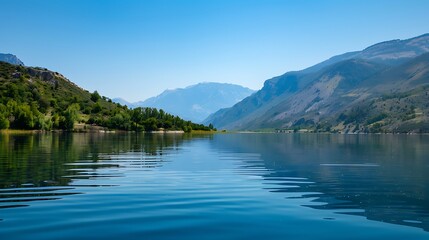 Obraz premium Tranquil Lake Surrounded By Green Mountains Reflecting In Clear Blue Water