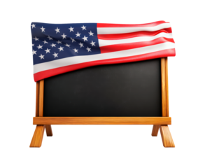 Chalkboard draped with American flag isolated on transparent background