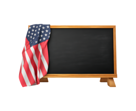 Chalkboard with American flag draped over it isolated on transparent background
