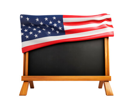 Chalkboard draped with American flag isolated on transparent background