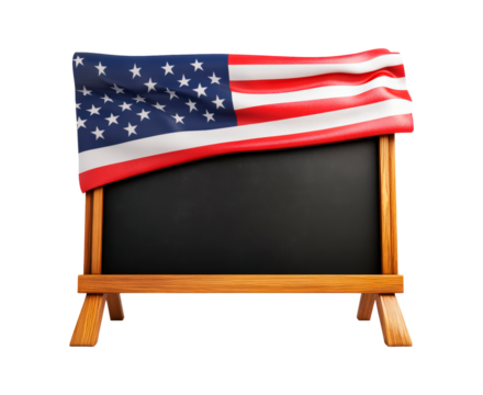 Chalkboard draped with American flag isolated on transparent background - Powered by Adobe