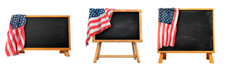 Chalkboard draped with American flag isolated on transparent background