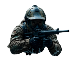 Person Aiming Weapon in Protective Gear, Tactical Game Theme