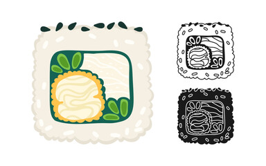 Sushi roll with shrimp symbol cartoon set. Traditional Asian Japanese food linear doodle icon. Sushi seafood vector illustration. Stylized doodle design sign for oriental menu, cafe, bar, restaurant