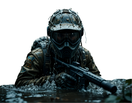 Soldier Aiming Rifle While Crouching in Water