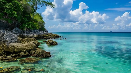 Fototapeta premium Tropical Coastal Scene With Turquoise Waters Rocks and Green Vegetation Under Blue Sky