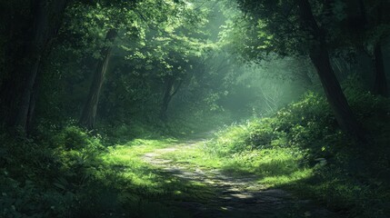 A Sunbeam Illuminates a Path Through a Lush, Green Forest