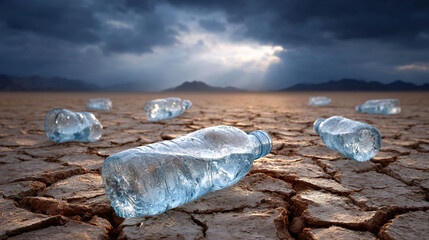Obraz premium Thirsty desert scattered bottles cracked earth dim light