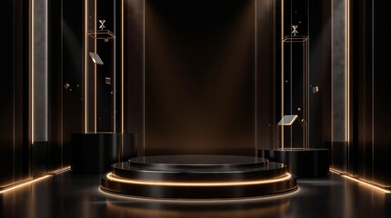 Futuristic black stage with glowing gold lines and a product podium. Abstract dark technology background for presentations, events, or product showcases.