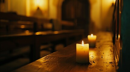 Two Lit Candles On Wooden Bench Inside Dimly Lit Church Interior