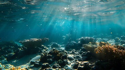 Naklejka premium Underwater Scene Showing Coral Reef Sunlight Filtering Through Blue Water