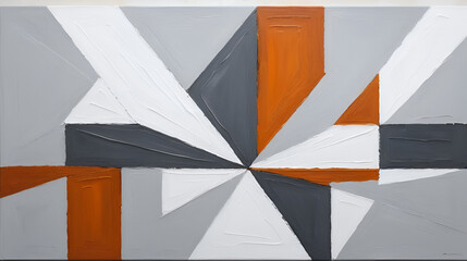 abstract oil painting featuring interlocking geometric shapes in white gray and rust tones textured brushstrokes creating depth and movement modern compositional balance