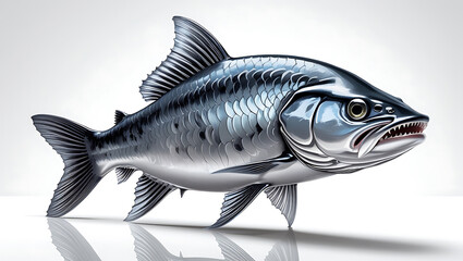 Fototapeta premium Shiny metallic fish illustration against a white background, ready for any project.
