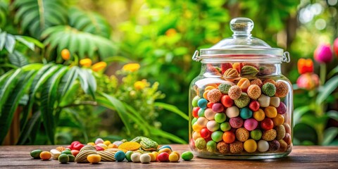 Colorful peanut candies arranged artfully in a large glass jar with a decorative lid and surrounded by lush greenery, confectionery delights, vibrant sweets