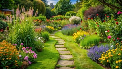 Obraz premium Serene garden scene with a winding stone path meandering through lush green grass and vibrant wildflowers, garden decor, nature walk