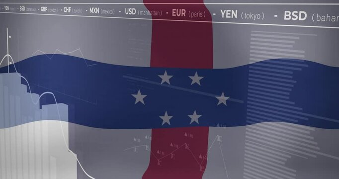 Stylized red column crossing wavy blue stripe bearing 7 white stars overlaying moving line graphs