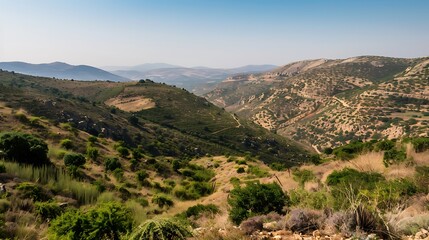 Fototapeta premium Vast Mountain Valley Landscape With Lush Green Vegetation Under Clear Blue Sky