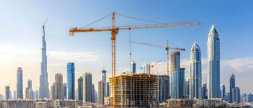 Dubai Skyline Under Construction With Cranes