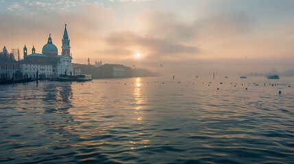 Obraz premium Venetian Canal Scene At Sunrise With Historic Buildings And Calm Waters