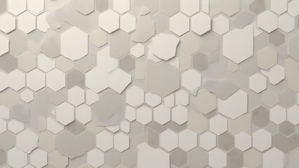 Hexagonal porcelain tiles with textured patchwork, artistic cement-toned design, seamless urban texture, HD creative backdrop.