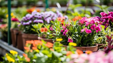 Vibrant Assortment Of Blooming Flowers In Brown Pots With Green Foliage