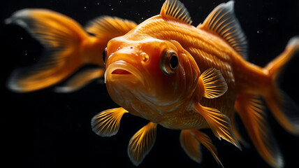 Stunning close up of a vibrant orange goldfish swimming in dark water