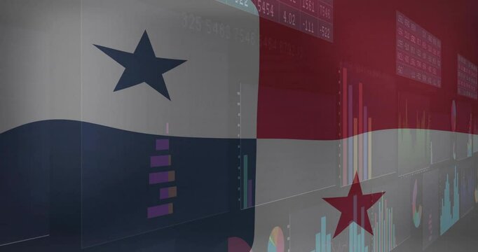 Panama flag graphic being overlaid with colorful financial dashboards and charts in flat design
