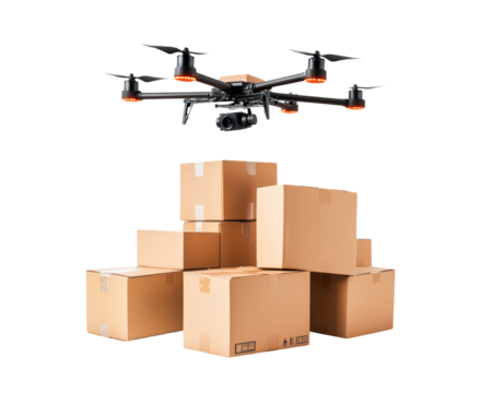 Drone delivering packages over stacked cardboard boxes isolated on transparent background