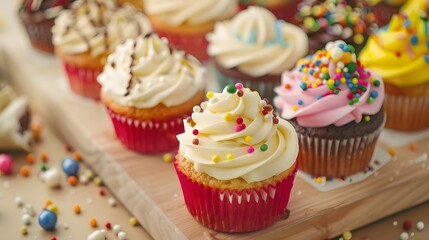 A colorful assortment of gourmet cupcakes with swirls