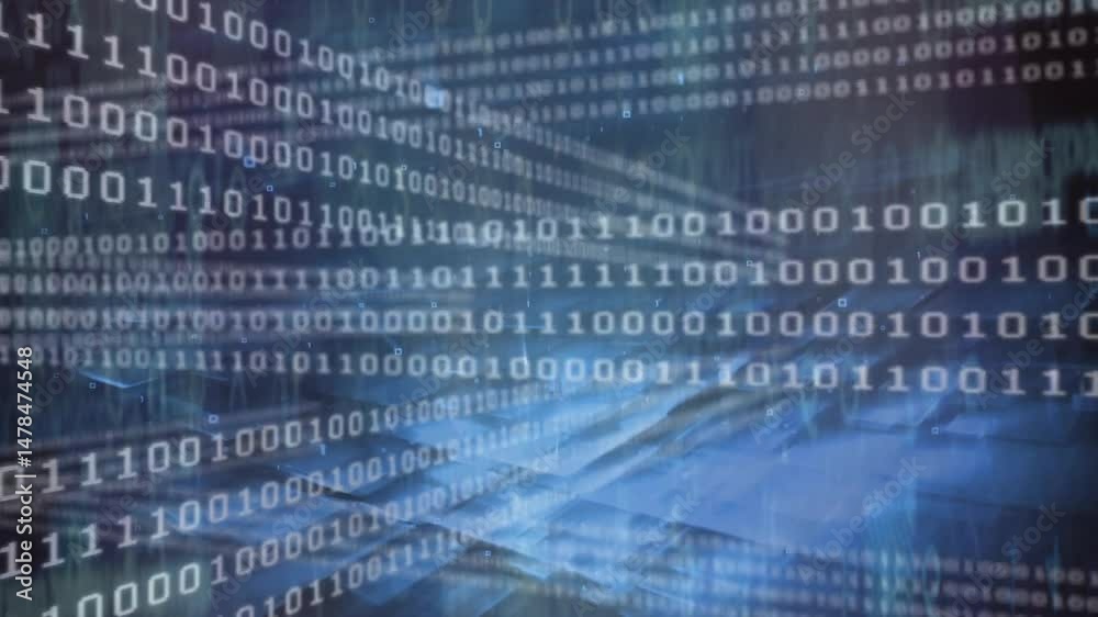 Poster Binary code streams flowing through virtual animated 3D space, with glowing squares and grid lines