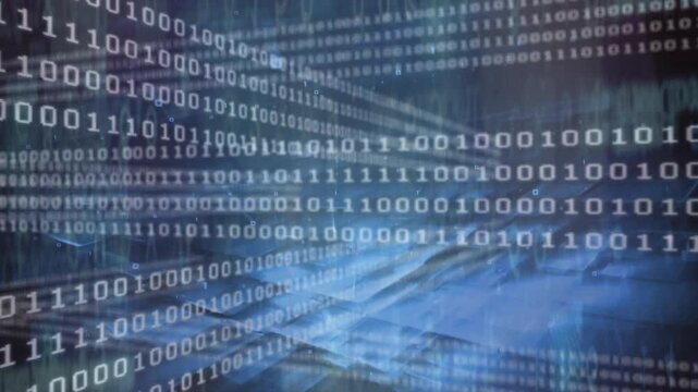 Binary code streams flowing through virtual animated 3D space, with glowing squares and grid lines