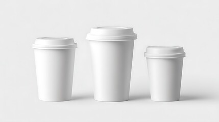 Three White Disposable Coffee Cups Of Varying Sizes Are Lined Up Against A Light Gray Background, Beverage service, caffeine consumption