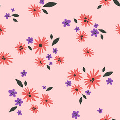Bold positive and bright floral seamless pattern, hand drawn background with funny naive flowers, textile or fabric print vector illustration