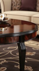 Obraz premium Wooden coffee table with a floral rug underneath it