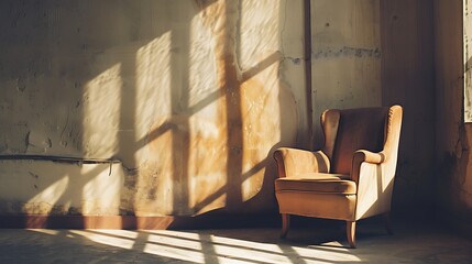 Vintage Armchair In Empty Room With Harsh Sunlight And Shadow Play