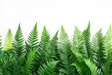 Vibrant green fern fronds unfurling with water droplets, captured in a studio shot with dramatic directional lighting against a white background.