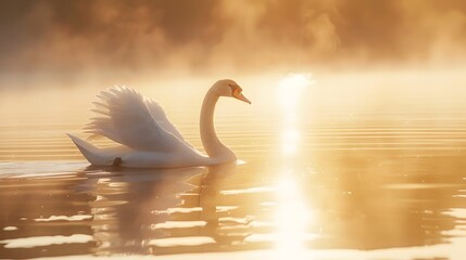 Fototapeta premium A majestic white swan gliding across a misty lake 